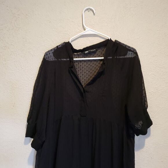 Zara Swiss Dot Long Sleeve Tiered Smocked Maxi Dress Black X Large - Picture 4 of 8